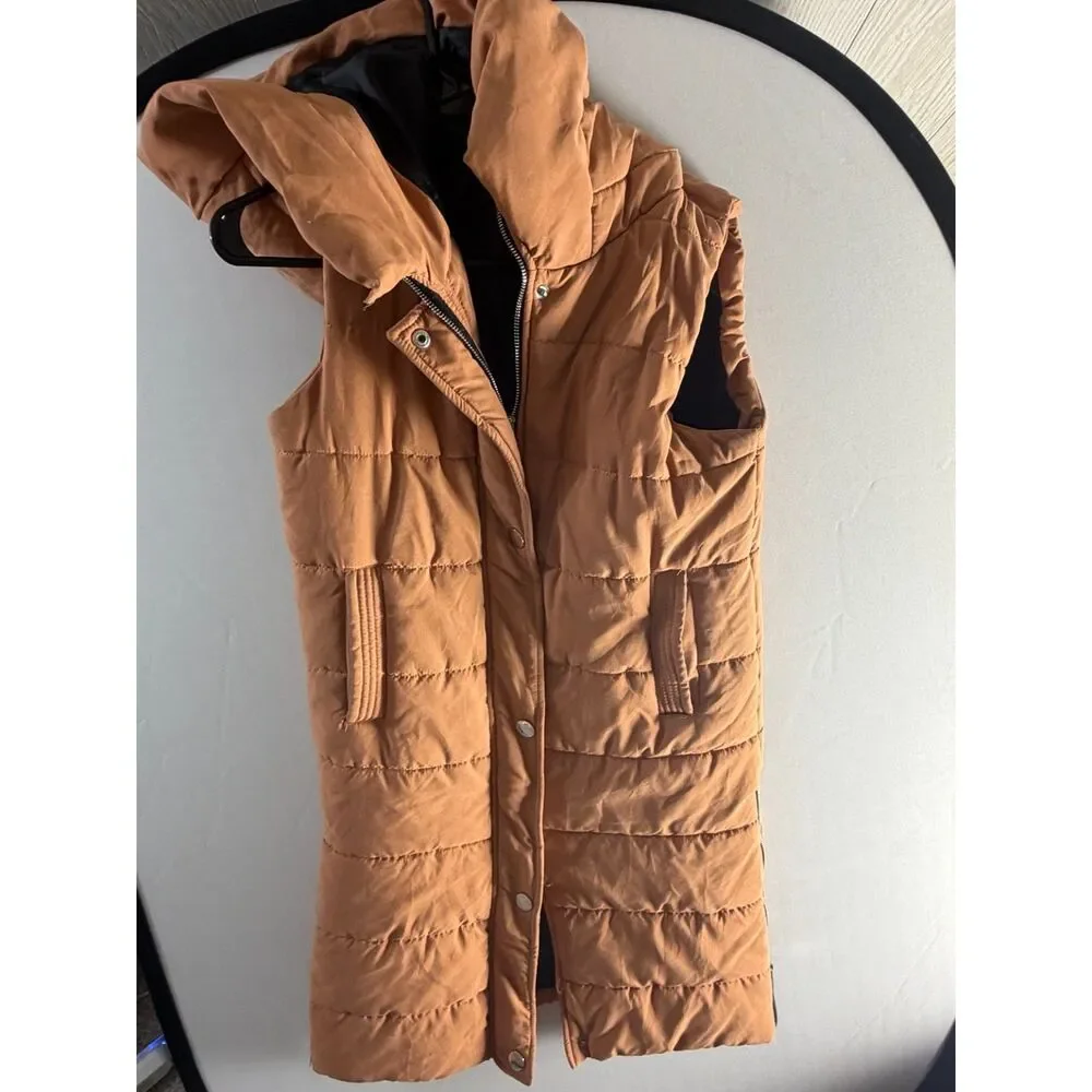 Vivichi Boutique Women’s XS Camel Brown Long Puffer Vest Hooded Side Zip